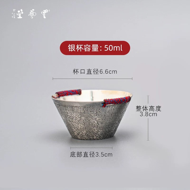 999 Pure Silver Handmade Tea Set - One-Piece Hammered Silver Gaiwan with Bamboo-Hat Cup & Lid