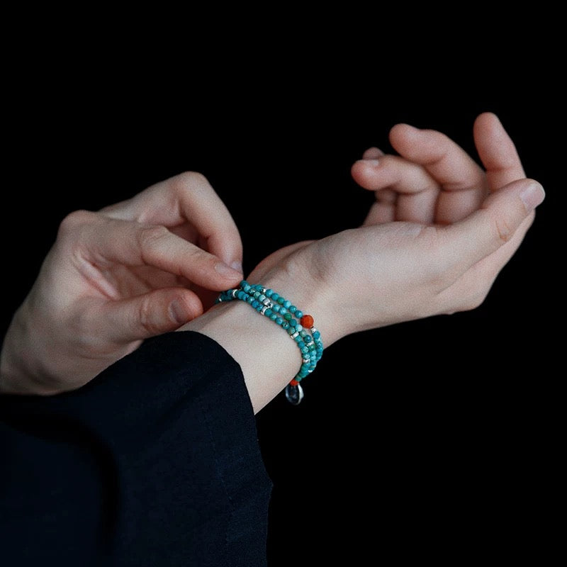 Faceless Serenity Bracelet- 925 Sterling Silver & Turquoise Beaded Triple-Wrap Bracelet (Unisex)