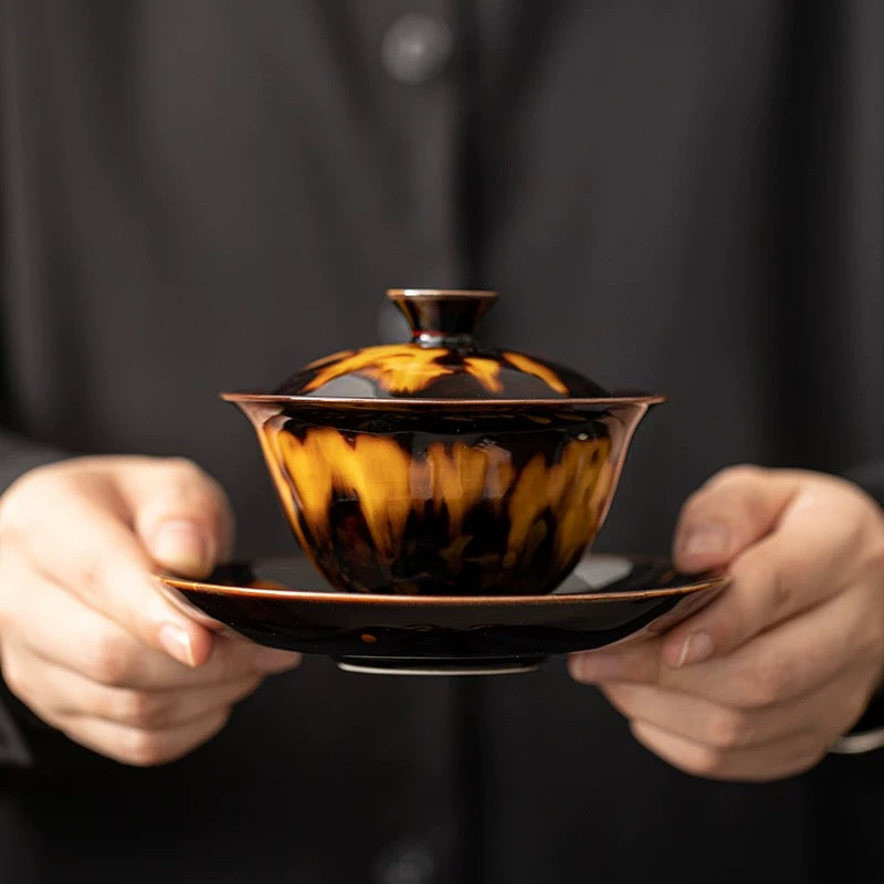 Premium Glazed Gaiwan Set – Vintage Tortoise-Shell Ceramic with Cool-Touch Design (Luxury Gongfu Tea Gift)