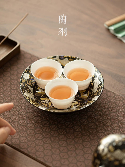 Gilded Silver-Filigree 'Fish & Waterweed' Tea Tray- Silver-Inlaid Ceramic Tea Boat (Dry Brewing Platform)