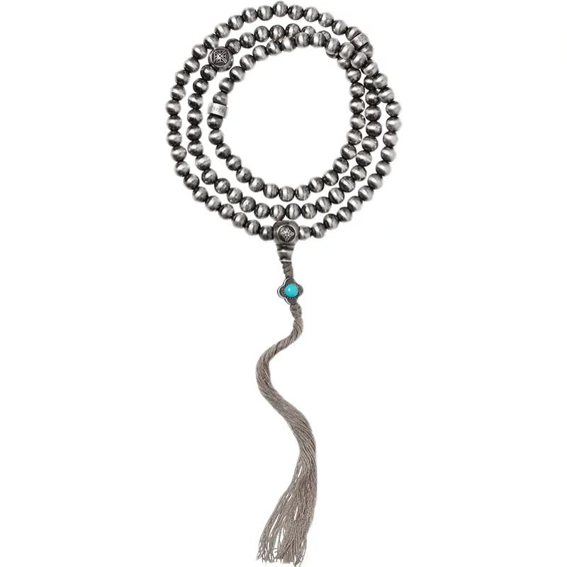 Sterling Silver 108-Bead Mala - Handcrafted 925 Silver Buddhist Prayer Bracelet with Antique Finish
