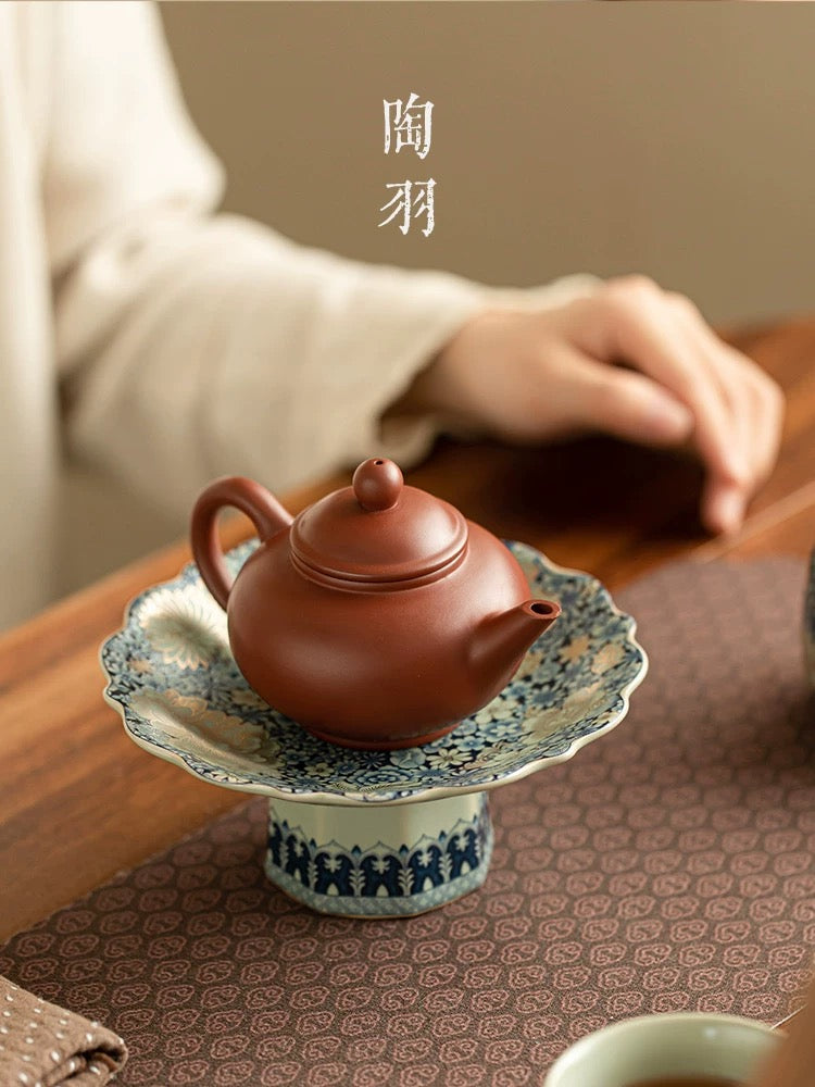 Ru Kiln Blossom Collection- Celadon-Hued Ceramic Pedestal Plates (Floral-Engraved Altar Dessert Stands)