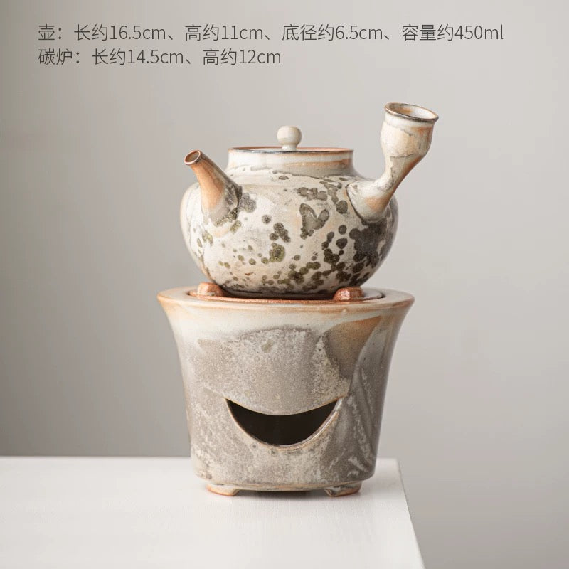 Sumi-Ember Tea Brewing Set" - Wood-Fired Side-Handle Teapot with Kiln-Transformed Wabi-Sabi Glaze & Retro Charcoal Stove (Large Capacity Ceramic Set)
