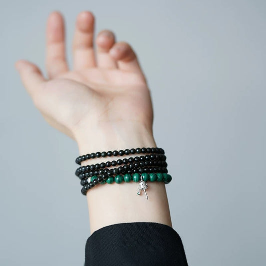 Rainbow Eye Obsidian & Malachite Beaded Bracelet- Handwoven 5-Layer Wrap Bracelet (4mm Gemstones, Boho Chic Unisex Design)