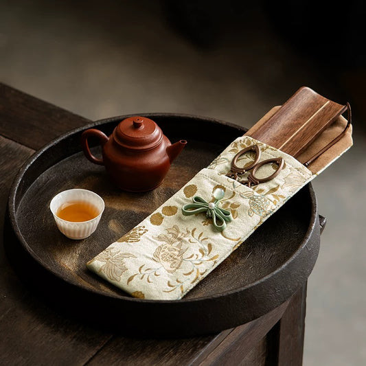 Brocade-Wrapped Wooden Tea Scoop & Leaf Holder 3-Piece Set - Includes Scissors, Storage Pouch & Tea Tools for Gongfu Tea Ceremony