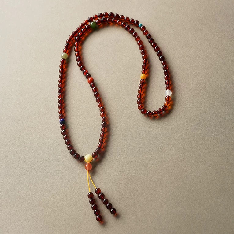 Blood Amber 108-Bead Mala - Handknotted Red Baltic Amber Prayer Necklace/Bracelet