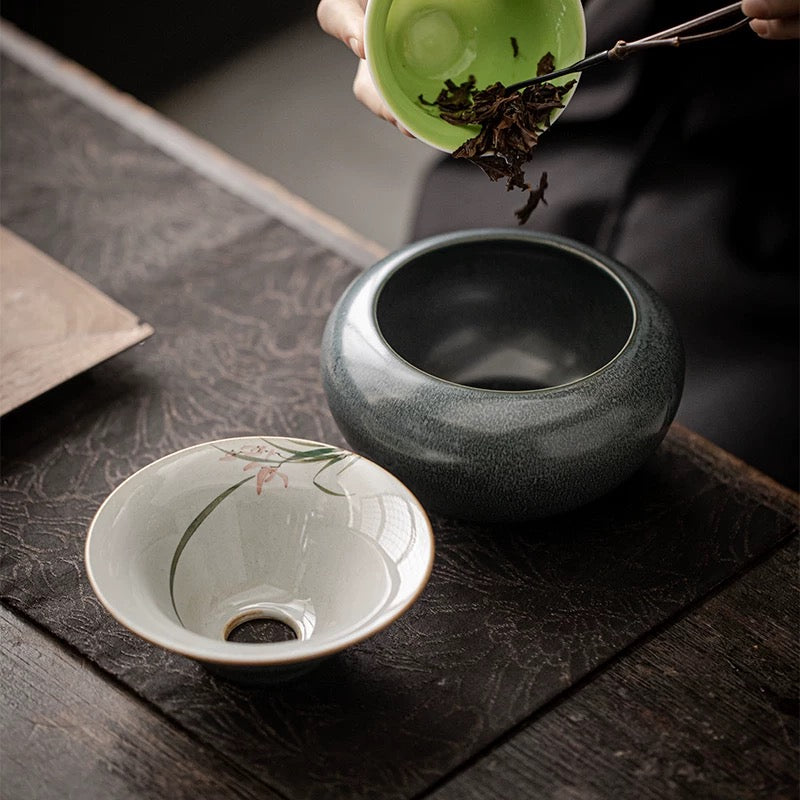 Retro Hand-Painted Tea Waste Jar - Large Covered Wastewater Vessel for Tea Ceremony (Multi-Function as Brush Washer & Cup Rinse)