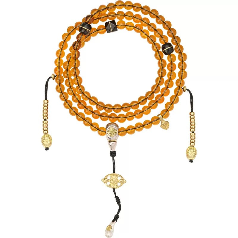 Merit-Increasing Mala - 108-Count Amber-Colored Cloisonné Enamel Beads with Brass Accents