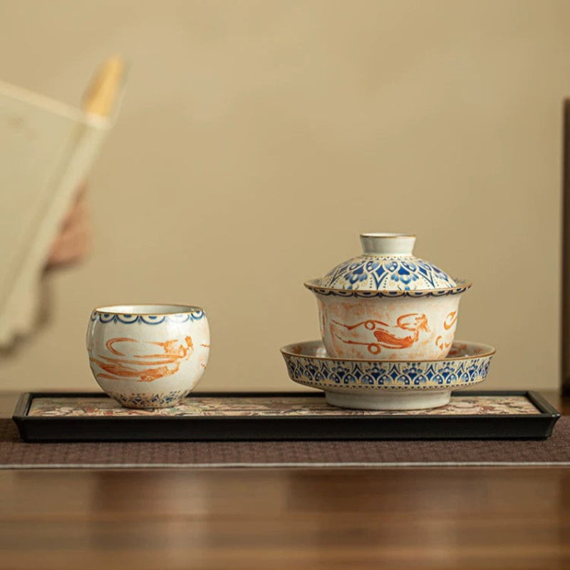 Ru Kiln 'Dunhuang Feitian' Treasure Tea Set**
— Celadon Lidded Bowl (Sancai Style) with Teapot & Cup – Antique-Inspired Gongfu Tea Ceremony Collection