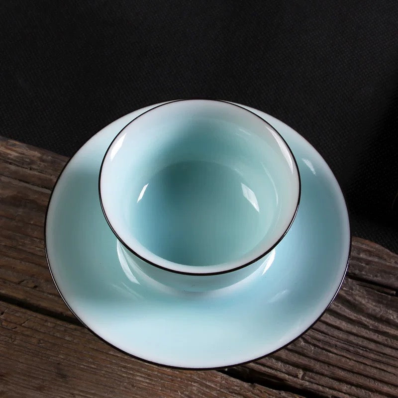 Pastel Celadon Tea Cup with Tray – Feminine Diyao Porcelain Set for Pu'er/Puerh