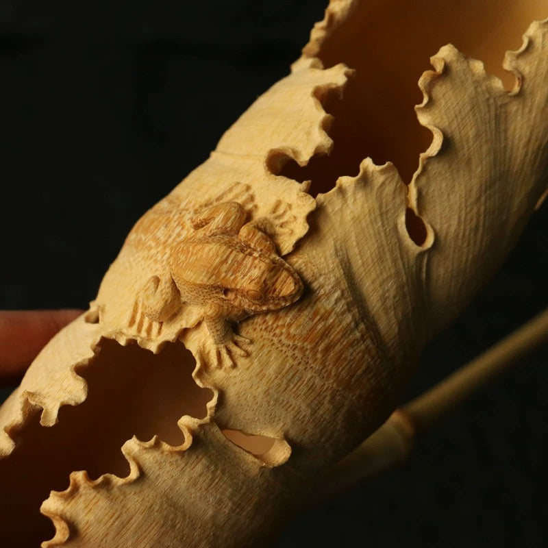 Lucky Toad Bamboo Art – Hand-Carved Lotus & Wealth Toad Decor