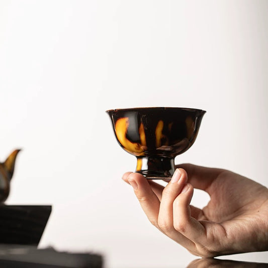 Vintage Glazed Stem Tea Cup – Tortoise-Shell Crystal Ceramic Master Cup (Premium Gongfu Gift Set)