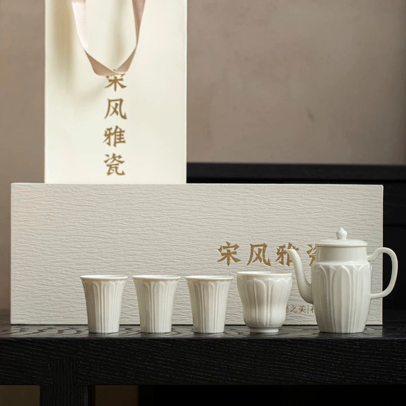 Song Dynasty-Inspired White Porcelain Tea Set – Premium 1-Pot-4-Cup Gongfu Gift Collection (Luxury Gift Box)