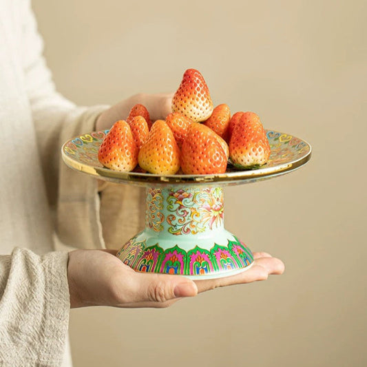 Cloisonné Enamel Chinese Ceramic Footed Tray— Hand-Painted Luxury Fruit & Tea Dessert Platter (Multi-Purpose Serving Dish for Home, Gongfu Tea Ceremonies & Offering Rituals)