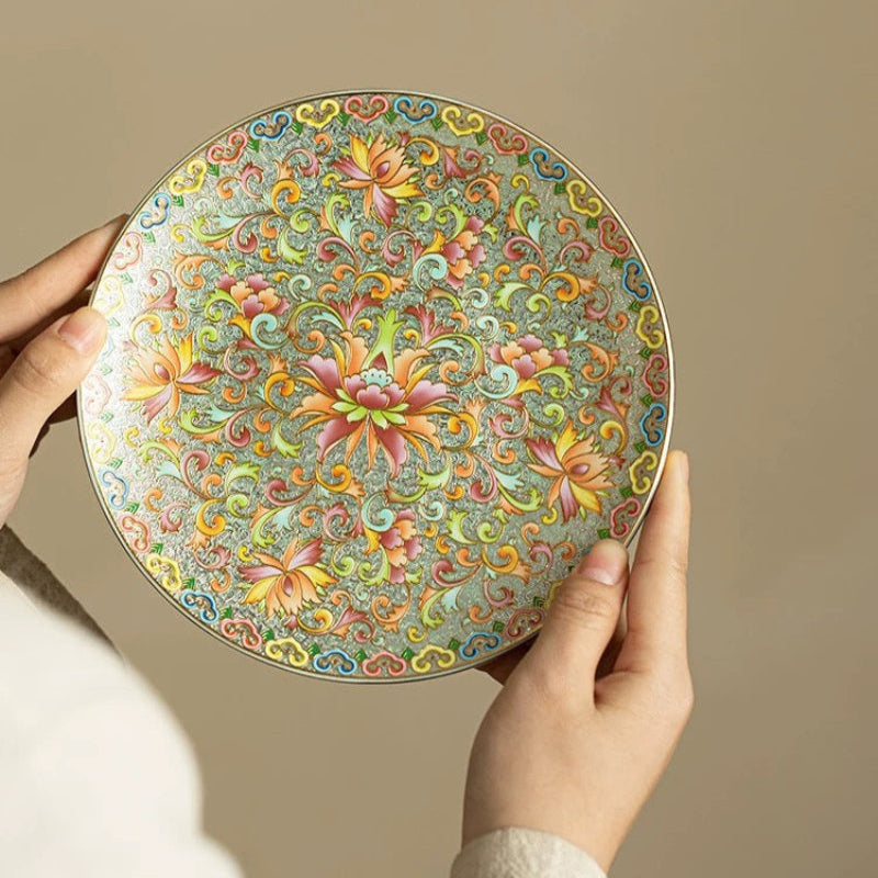 Cloisonné Enamel Chinese Ceramic Footed Tray— Hand-Painted Luxury Fruit & Tea Dessert Platter (Multi-Purpose Serving Dish for Home, Gongfu Tea Ceremonies & Offering Rituals)