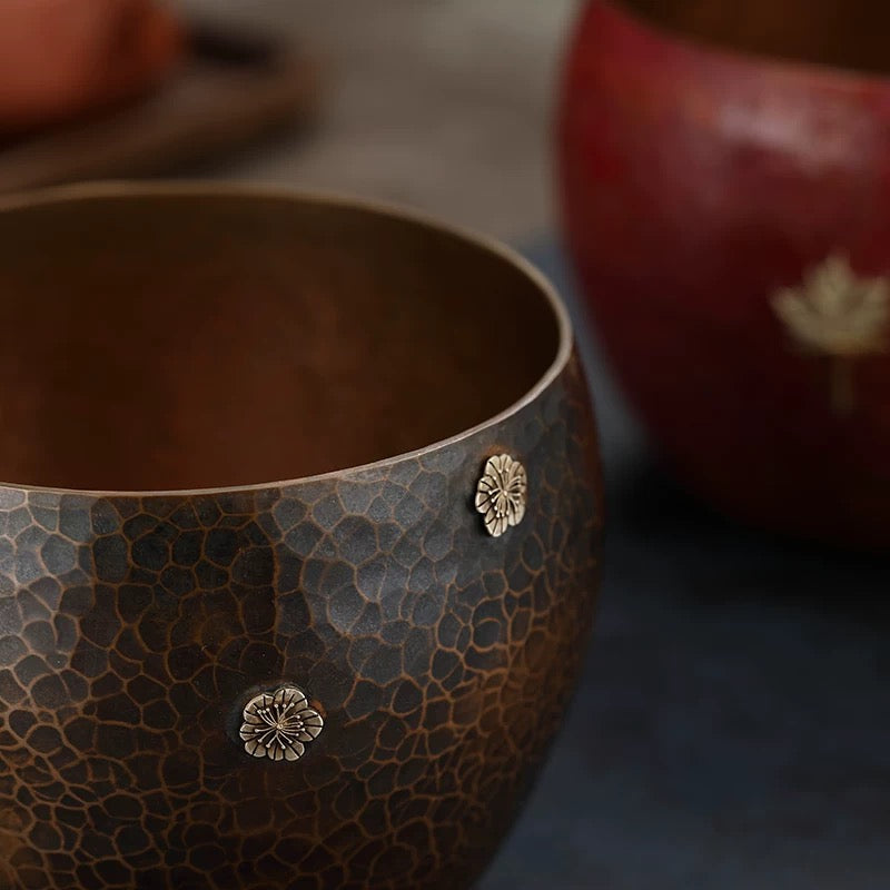 Hand-Hammered Bronze & Silver Tea Cleansing Vessel— Zen Water Basin for Gongfu Tea Rituals (Antique Hammered Finish with Silver Inlay)