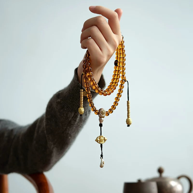 Merit-Increasing Mala - 108-Count Amber-Colored Cloisonné Enamel Beads with Brass Accents