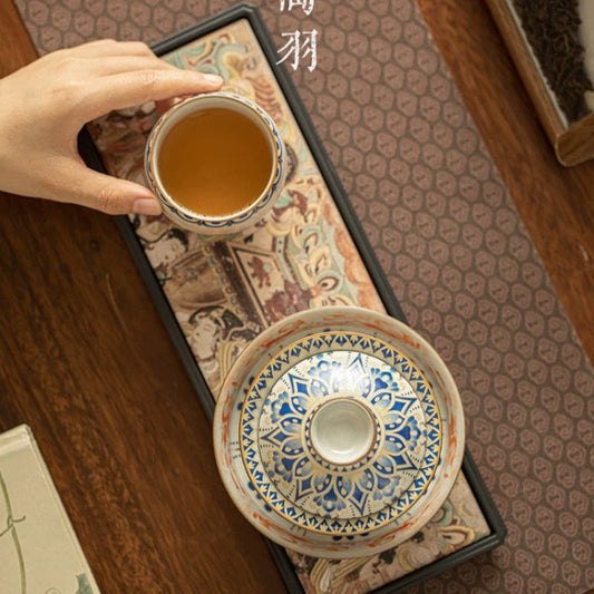 Ru Kiln 'Dunhuang Feitian' Treasure Tea Set**  
— Celadon Lidded Bowl (Sancai Style) with Teapot & Cup – Antique-Inspired Gongfu Tea Ceremony Collection