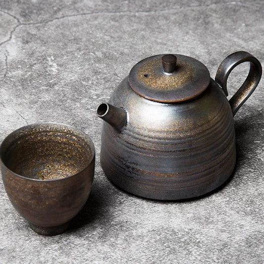 Handmade Gold-Glazed Ceramic Teapot – Zen-Inspired Coarse Clay Tea Brewer with Ball Filter, Small Gongfu Teapot (Single Pot)