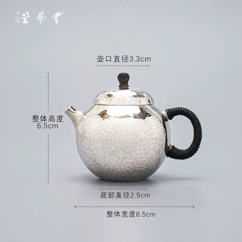 999 Pure Silver Hand-Hammered Teapot – One-Piece Construction Round-Mouth Chinese Tea Brewing Pot for Home Use