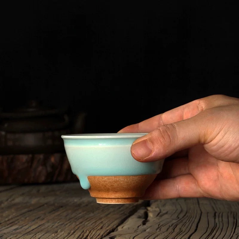 Premium Celadon Tea Cup – Handmade 'Weeping Glaze' Porcelain with Oil-Sheen Finish