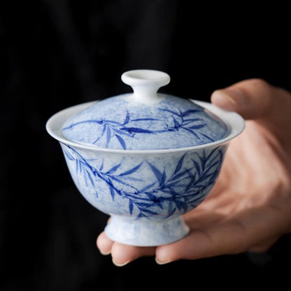 Hand-Painted Fine Porcelain Gaiwa,Ultra-Thin Body Chinese Tea Cup with Lid - Elegant White Ceramic Gongfu Tea Set