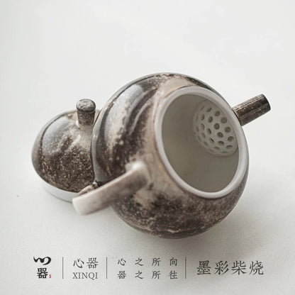 Ink Bliss" Wood-Fired Ceramic Teapot – Rustic Kiln-Transformed Teapot for Solo Brewing (Wabi-Sabi Style Gongfu Tea Set)