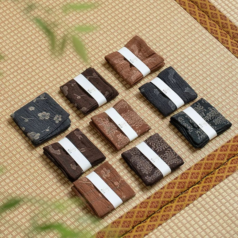 Pure Linen Tea Towel Set - Minimalist Jacquard Tea Table Runner with Absorbent Coasters (Dry Tea Ceremony Cloth & Teapot Care Kit)