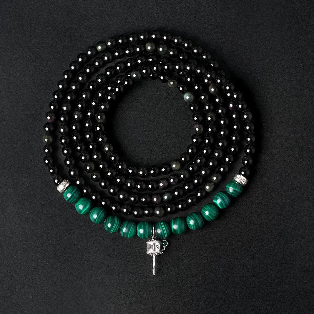 Rainbow Eye Obsidian & Malachite Beaded Bracelet－ Handwoven 5-Layer Wrap Bracelet (4mm Gemstones, Boho Chic Unisex Design)