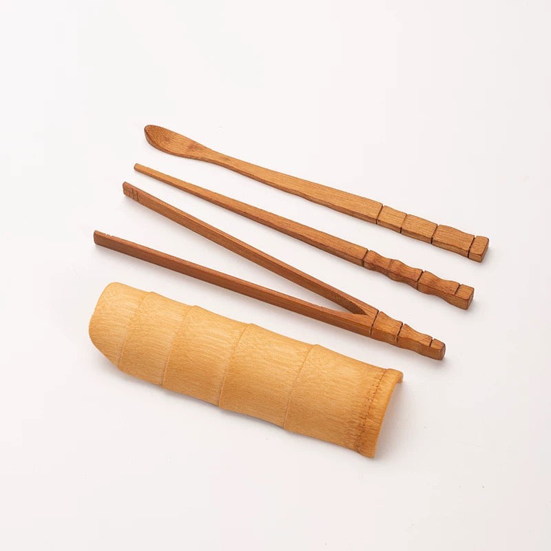 Bamboo 'Six Gentlemen' Tea Ceremony Set - Includes Teapot Brush, Tea Scoop, Pick, Funnel, Tongs & Storage Tube with Rattan Mat