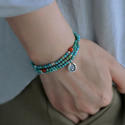 Faceless Serenity Bracelet－ 925 Sterling Silver & Turquoise Beaded Triple-Wrap Bracelet (Unisex)