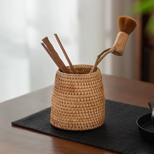 Bamboo 'Six Gentlemen' Tea Ceremony Set - Includes Teapot Brush, Tea Scoop, Pick, Funnel, Tongs & Storage Tube with Rattan Mat
