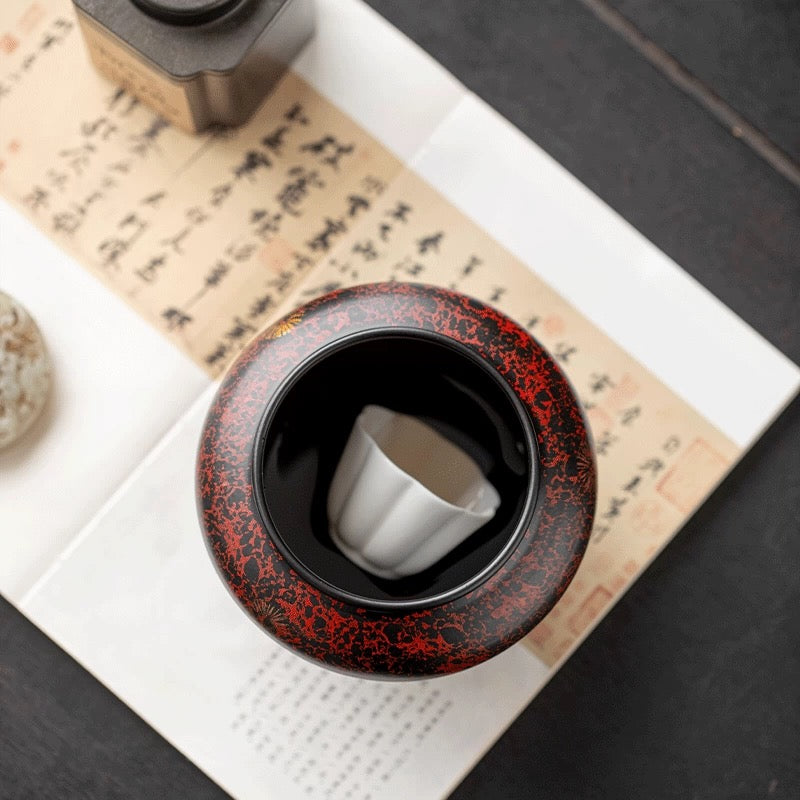 Antique Iron Lacquer Tea Waste Vessel— Multi-Functional Tea Debris Jar with Waste Water Lid (Traditional Dry/Wet Tea Ceremony Essential)