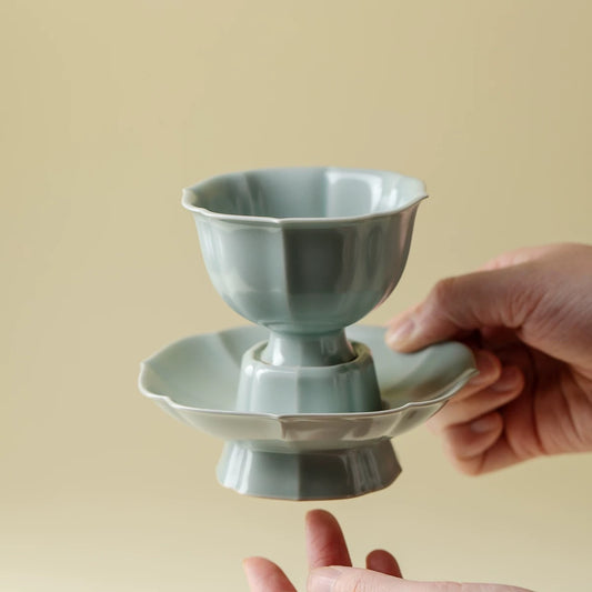 Sky-Blue Ru Kiln Tea Cup Set - Petal-Rimmed Stemmed Cups in Song Dynasty Style