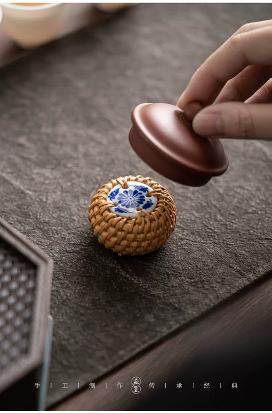 Handmade Tea Lid Stands – Rattan-Wrapped Bamboo Rest for Zisha/Iron Teaware