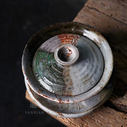 One-of-a-Kind Handmade Jingdezhen Wood-Fired Shino Glaze Lidded Tea Bowl – Japanese Wabi-Sabi Style 'Sancai' Tea Cup, Develops Natural Crackle Over Time