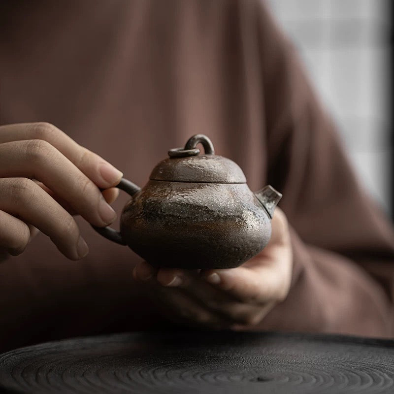 Handmade Wood-Fired Mini Teapot - Zen-Inspired Gongfu Tea Set with Rustic Stoneware 'Xishi' Pot for Solo Tea Sessions