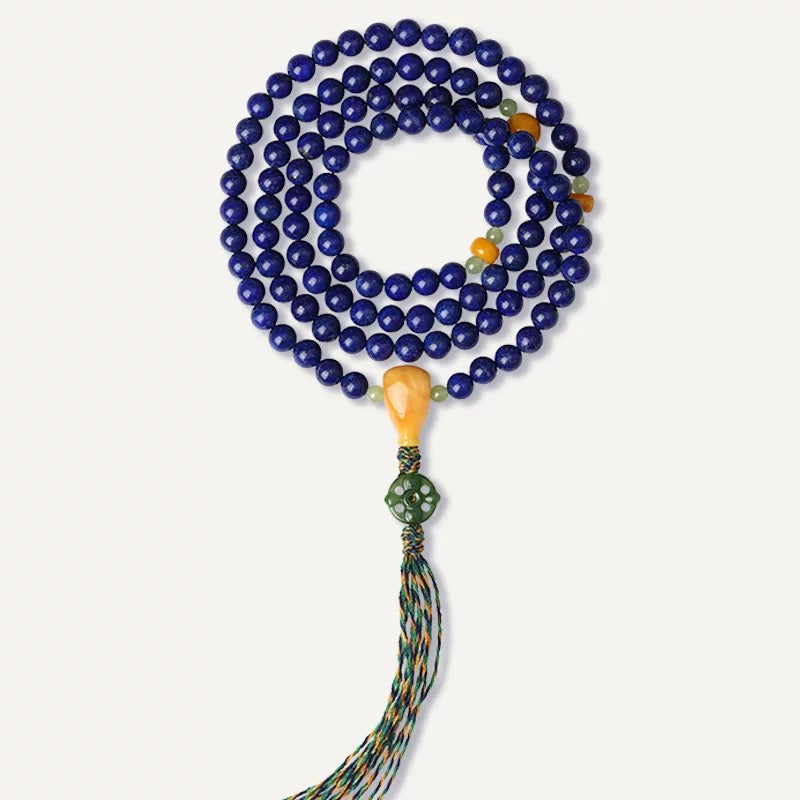 Celestial Blue Mala - 108-Count Genuine Afghan Lapis Lazuli Prayer Beads with Multi-Wrap Design