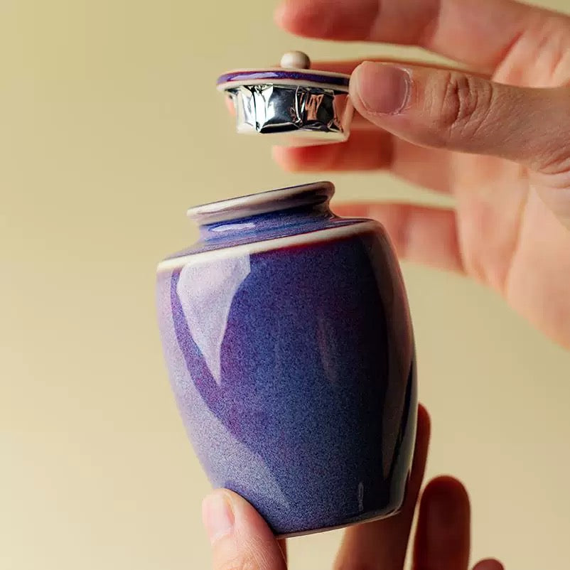 Artisan Purple Jun Ware Tea Container - Small Ceramic Tea Tin with Wabi-Sabi Aesthetic