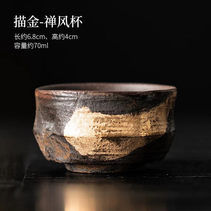 Golden Glaze Wood-Fired "Sancai" Tea Bowl - Handheld Retro Style Japanese-inspired Single Tea Set for Home Brewing & Gongfu Tea Ceremony