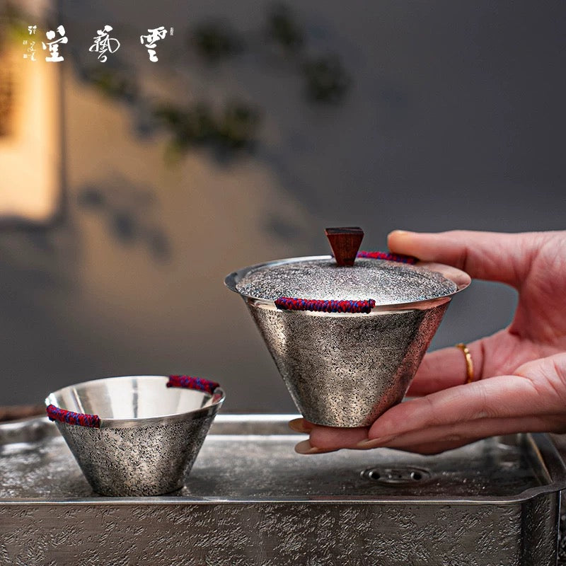 999 Pure Silver Handmade Tea Set - One-Piece Hammered Silver Gaiwan with Bamboo-Hat Cup & Lid