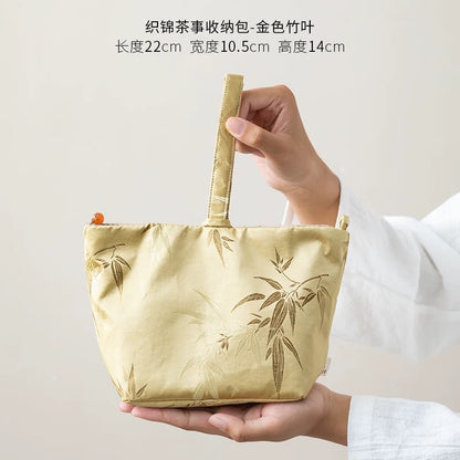 Pine-Embossed Brocade Tea Set Carrier – Thickened Travel Pouch for 1 Teapot & 2 Cups (Portable Minimalist Tea Accessory Tote)