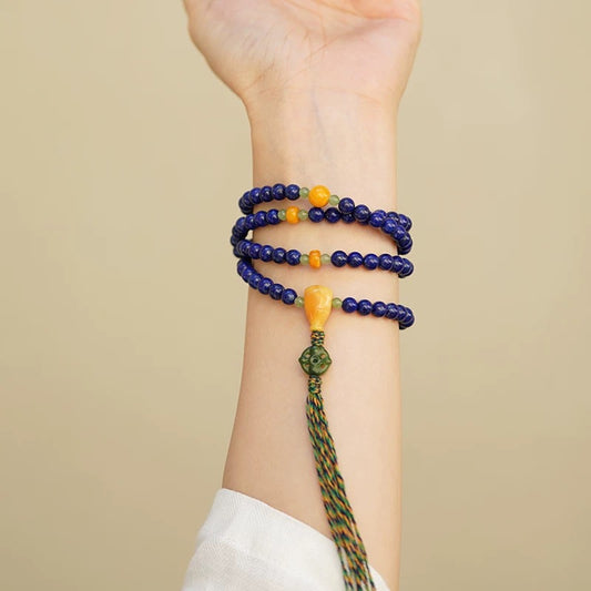 Celestial Blue Mala - 108-Count Genuine Afghan Lapis Lazuli Prayer Beads with Multi-Wrap Design