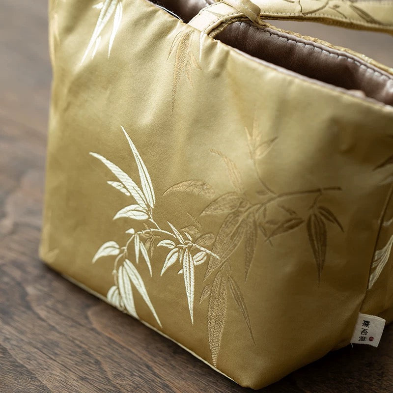 Pine-Embossed Brocade Tea Set Carrier – Thickened Travel Pouch for 1 Teapot & 2 Cups (Portable Minimalist Tea Accessory Tote)