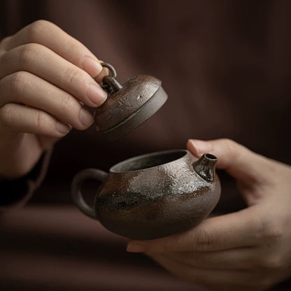 Handmade Wood-Fired Mini Teapot - Zen-Inspired Gongfu Tea Set with Rustic Stoneware 'Xishi' Pot for Solo Tea Sessions