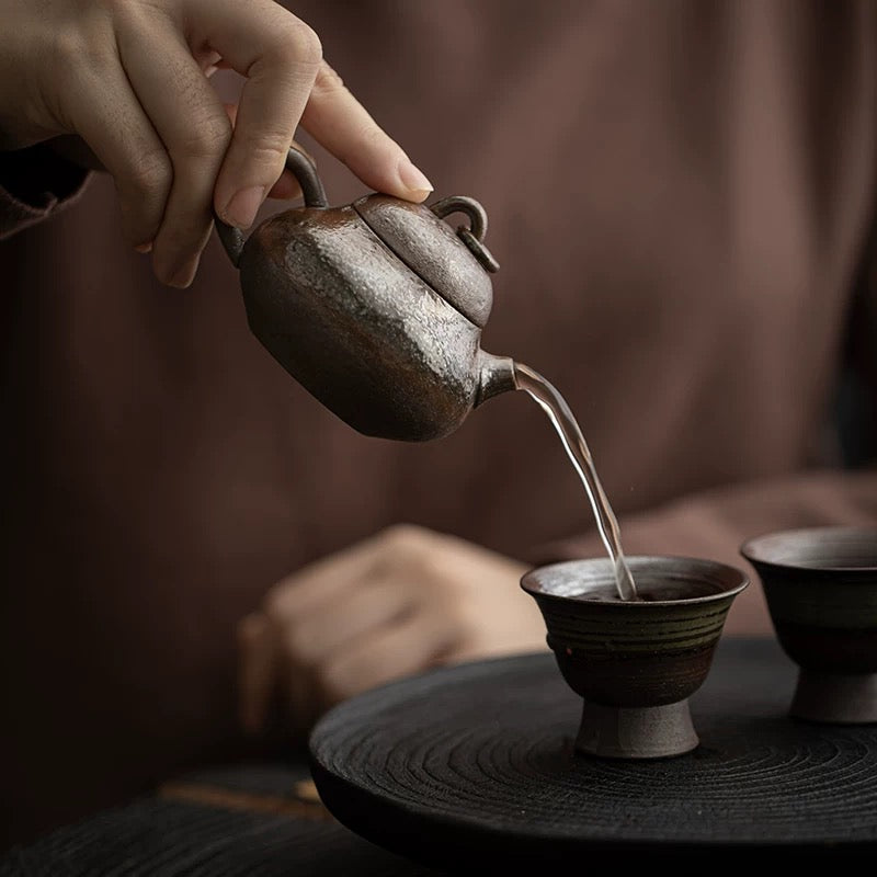 Handmade Wood-Fired Mini Teapot - Zen-Inspired Gongfu Tea Set with Rustic Stoneware 'Xishi' Pot for Solo Tea Sessions