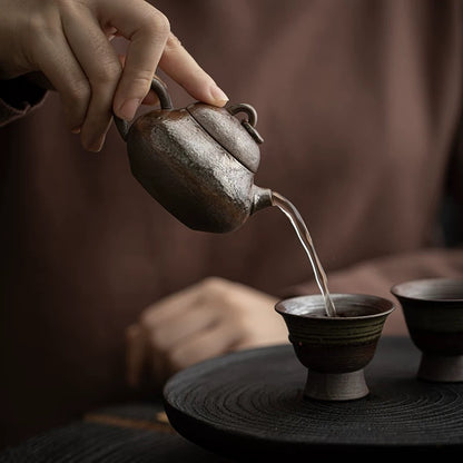 Handmade Wood-Fired Mini Teapot - Zen-Inspired Gongfu Tea Set with Rustic Stoneware 'Xishi' Pot for Solo Tea Sessions