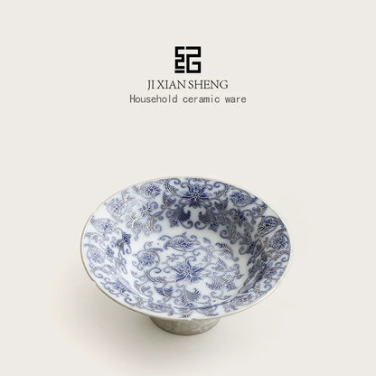 Vermeil & Blue-and-White 'Doucai' Ceramic Tea Snack Tray— Luxury Gilded Serving Platter for Fruits/Pastries with Dual Use as Teapot Stand (Premium Gongfu Tea Ceremony Accessory)