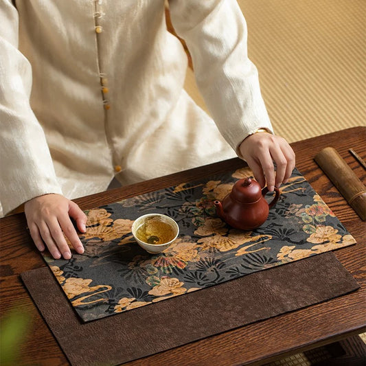 Gambiered Canton Silk Dry Tea Ceremony Mat – Chinese Zen-style Waterproof Table Runner (Antique-Inspired Tea Table Decor)