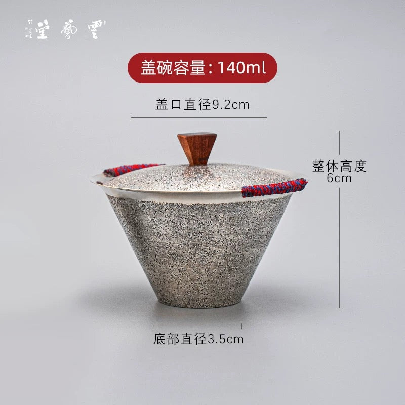 999 Pure Silver Handmade Tea Set - One-Piece Hammered Silver Gaiwan with Bamboo-Hat Cup & Lid